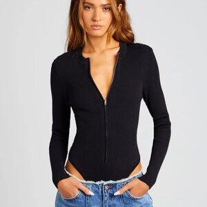 Ser.O.Ya Geo Rib Knit Bodysuit L Black Long Sleeve Zipper Snap Closure Stretchy